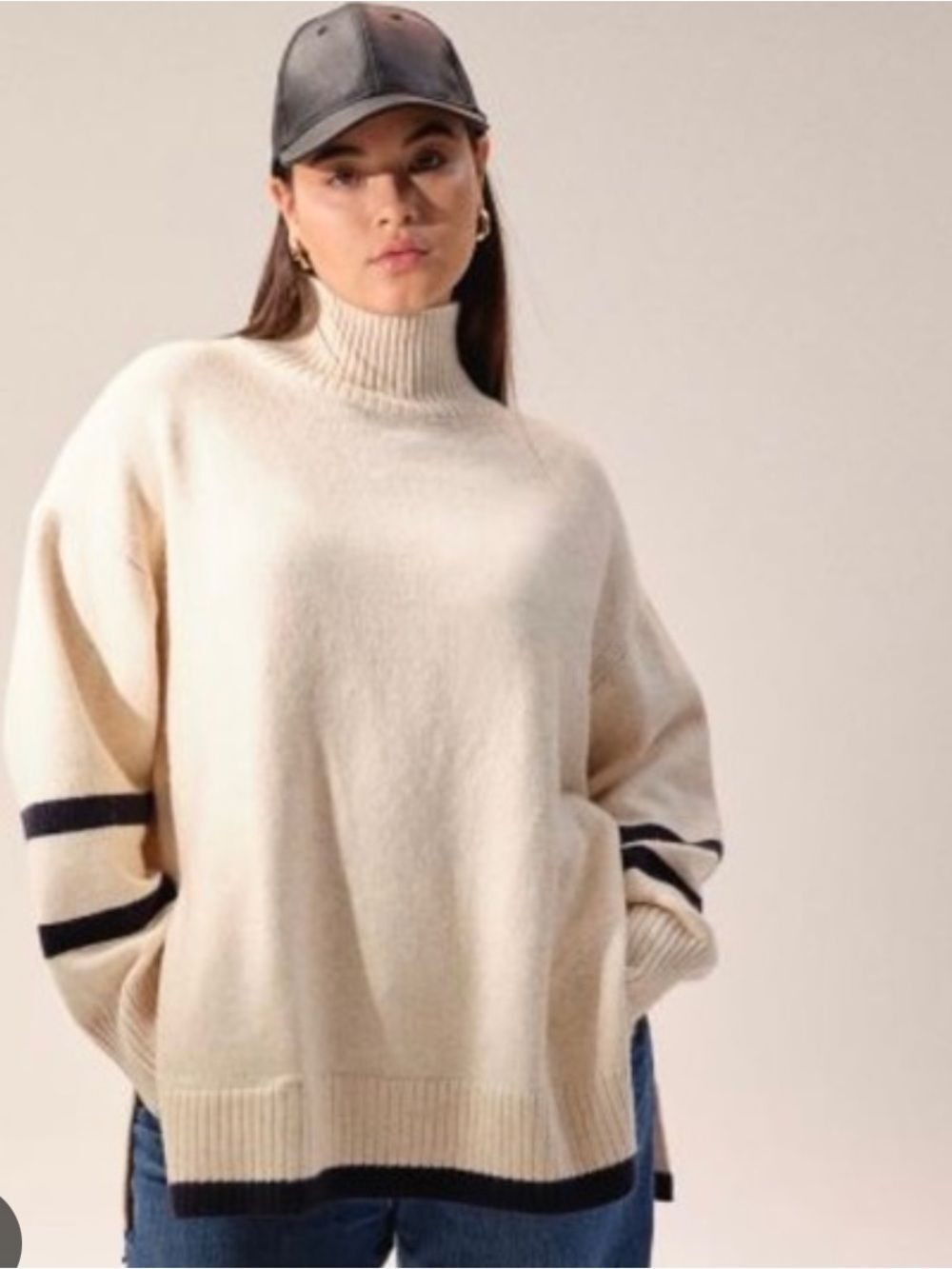 H&M L Ivory Heather Navy Stripe High Neck Oversized Pullover Wool Blend Sweater
